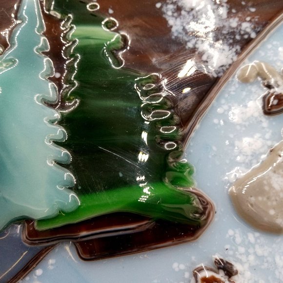 Mountain Landscape Fused Glass Art Winter Snow Tree Forest OOAK Round Plaque - Picture 4 of 11